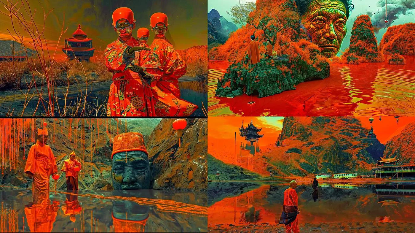 Surreal Crimson Dreamscapes: A Homage to Vivid Imagination and Ethereal Scenes - Midjourney sref style