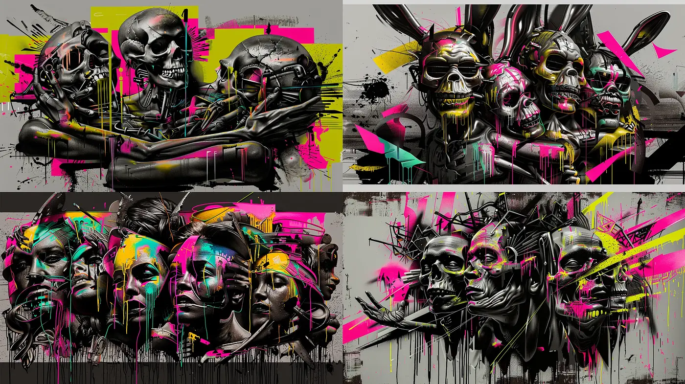 Abstract Dystopian Fusion with Bold Strokes and Splattered Dynamics - Midjourney sref style