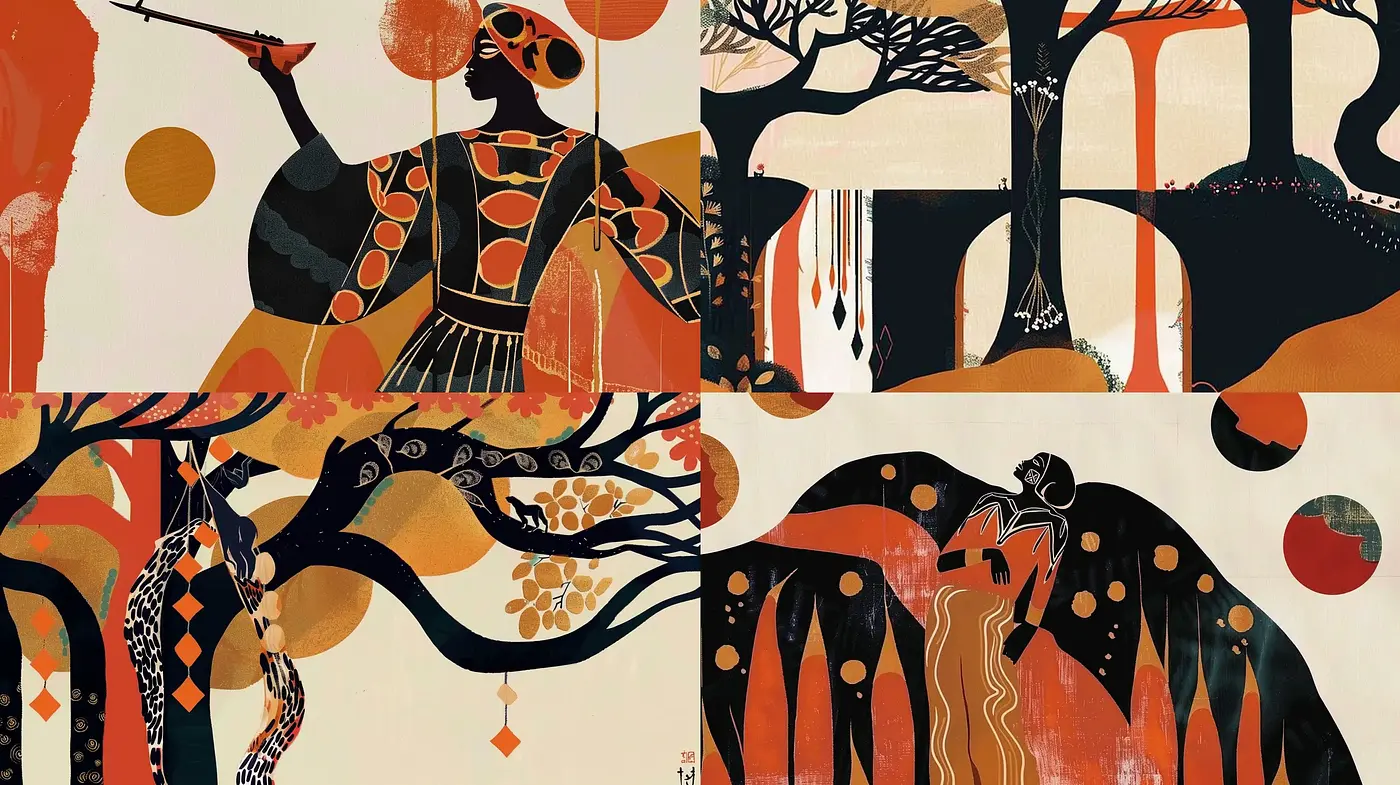 Abstract Silhouette Harmony with Warm Autumnal Palette - Midjourney sref style
