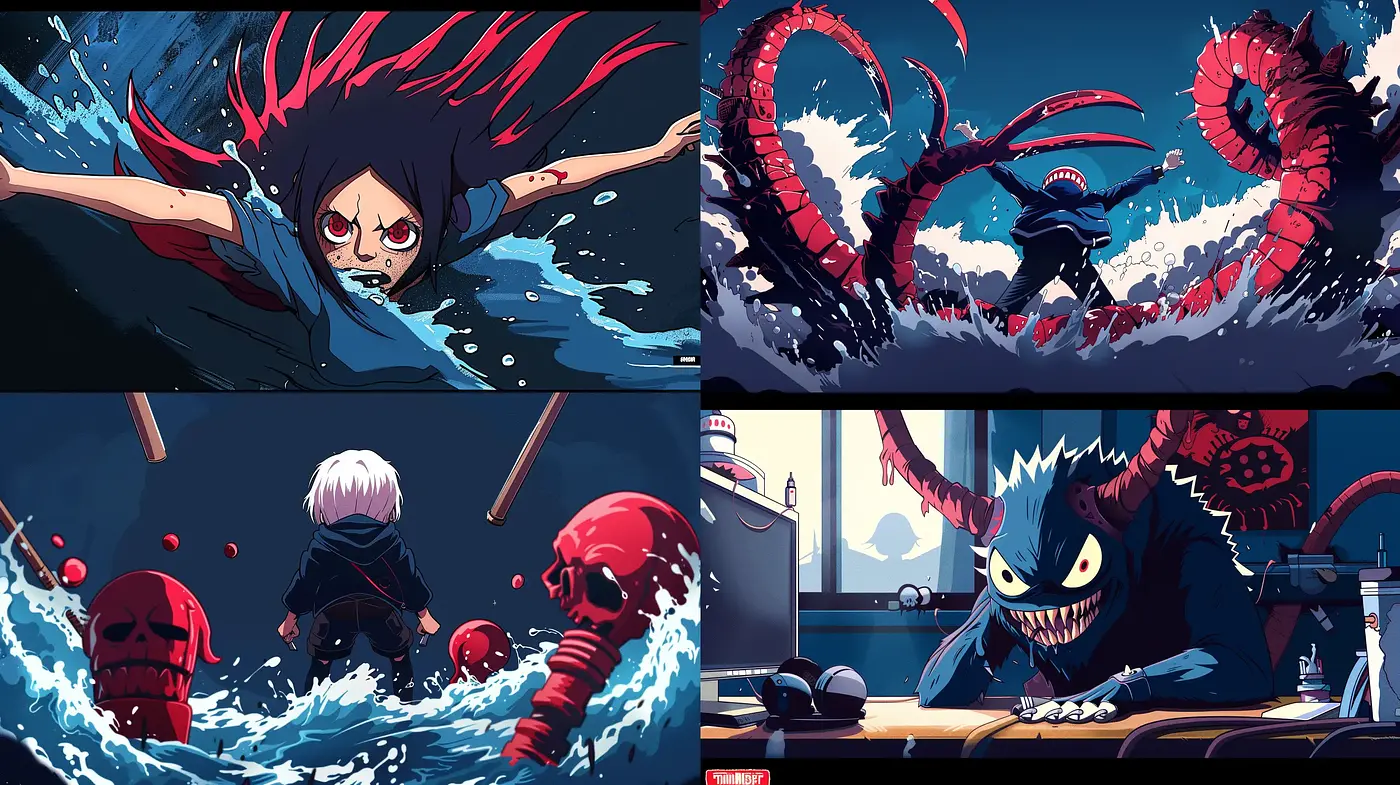 Dynamic Anime-Inspired Action with Vivid Contrast and Tentacled Menace - Midjourney sref style