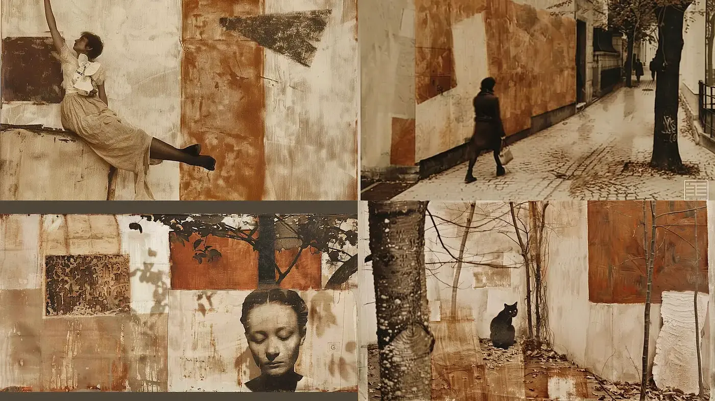 Aesthetic of Subdued Earth Tones and Layered Textures Evoking Timelessness - Midjourney sref style