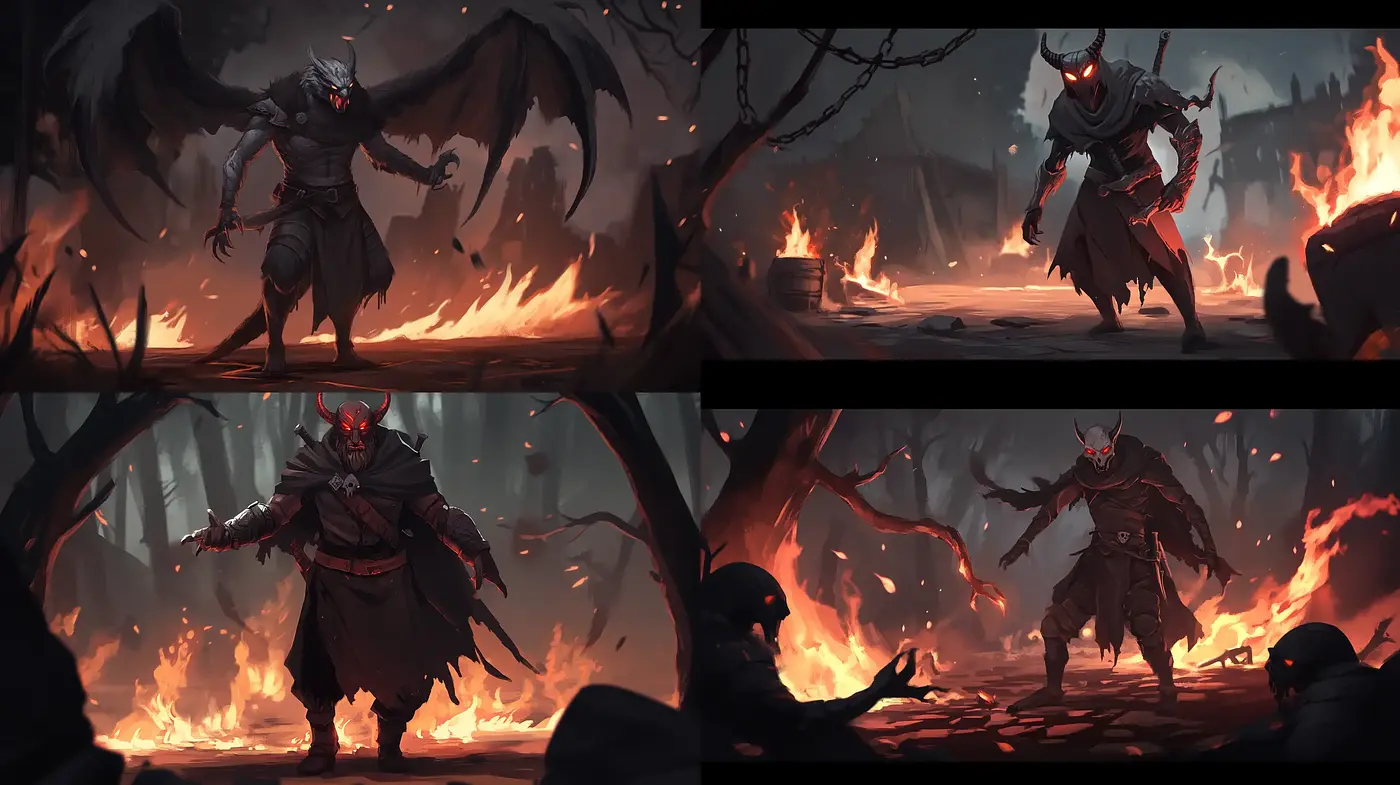 Ethereal Inferno: A Consistent Vision of Fiery Desolation and Dark Fantasy - Midjourney sref style
