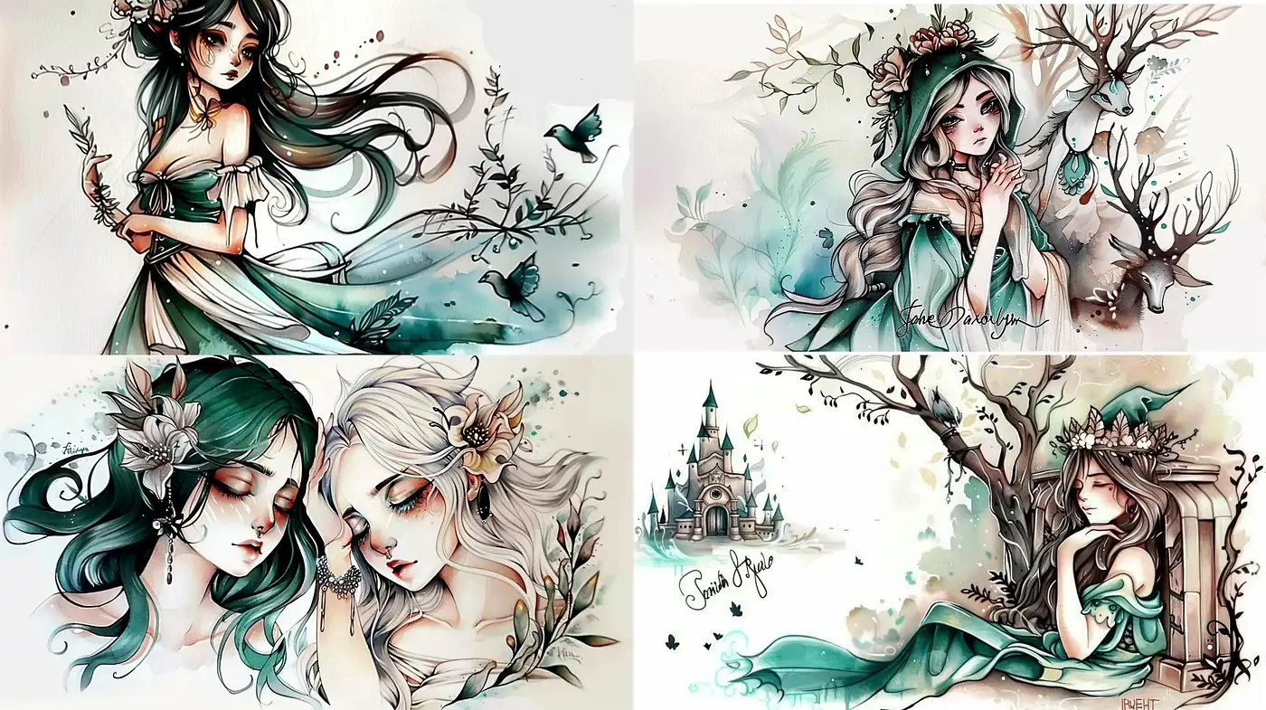 Ethereal Watercolor Fantasy with Whimsical Nature Motifs - Midjourney sref style