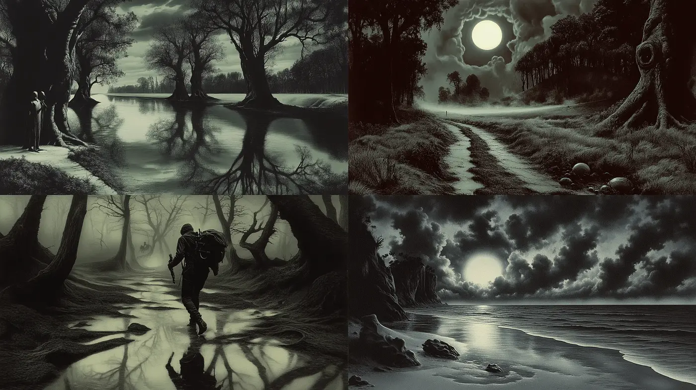 Monochromatic Moonlit Landscapes: A Timeless Nocturne - Midjourney sref style
