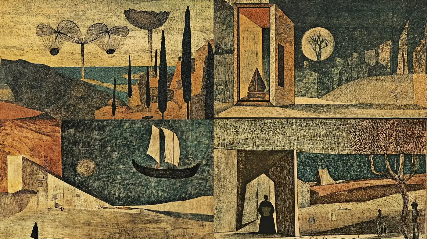Ethereal Dreamscape Montage with Vintage Textured Overtones - Midjourney sref style