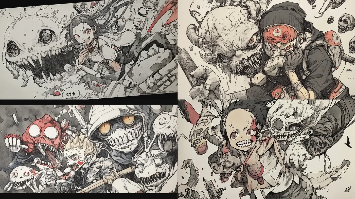 Gritty Monochromatic Chaos with a Whimsical Horror Twist - Midjourney sref style