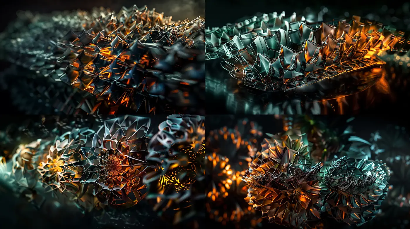 Luminous Geometric Complexity: A Study in Textured Fractals and Shadows - Midjourney sref style