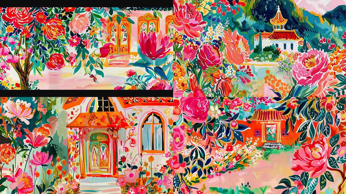 Blossoming Whimsy: A Vivid Tapestry of Florals and Façades - Midjourney sref style