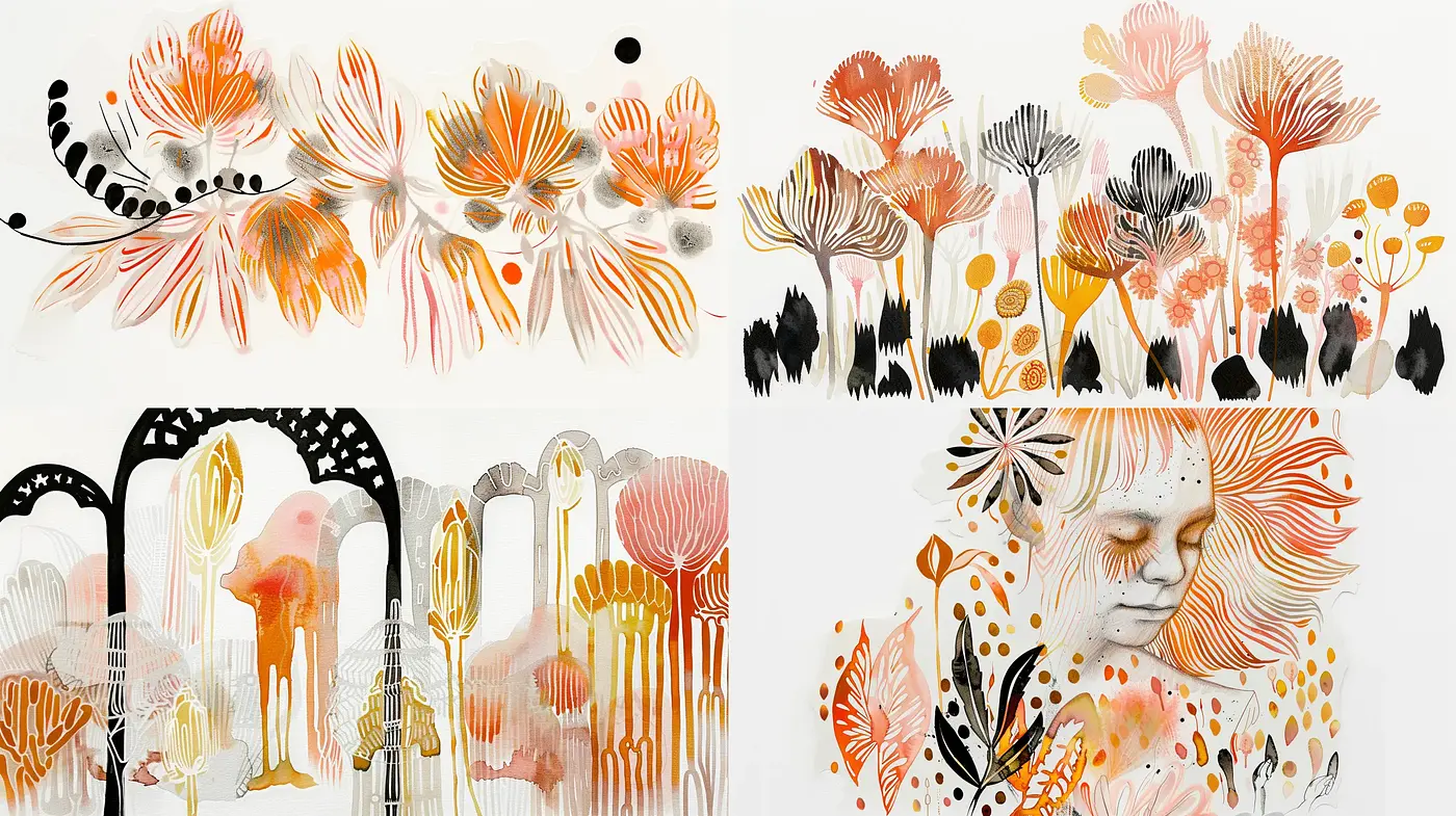 Ethereal Botanical Dreamscapes with Coral and Amber Hues - Midjourney sref style