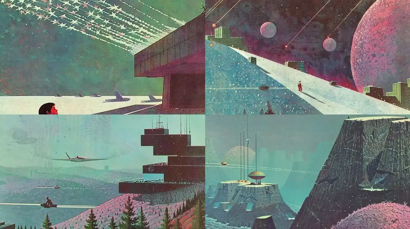 Surreal Retro-Futuristic Landscape Artistry - Midjourney sref style