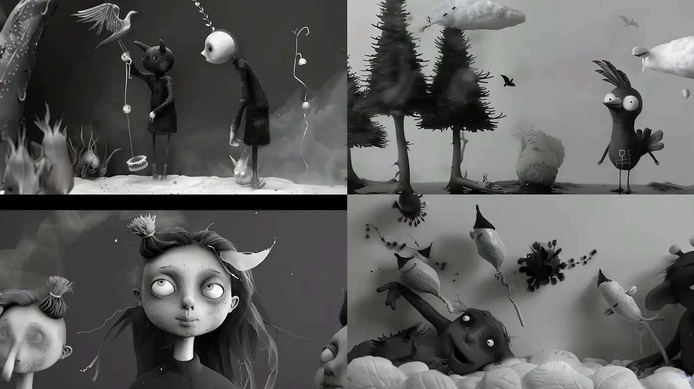 Monochromatic Whimsy: Dreamlike Fusion of Surrealist and Tim Burton-esque Aesthetics - Midjourney sref style
