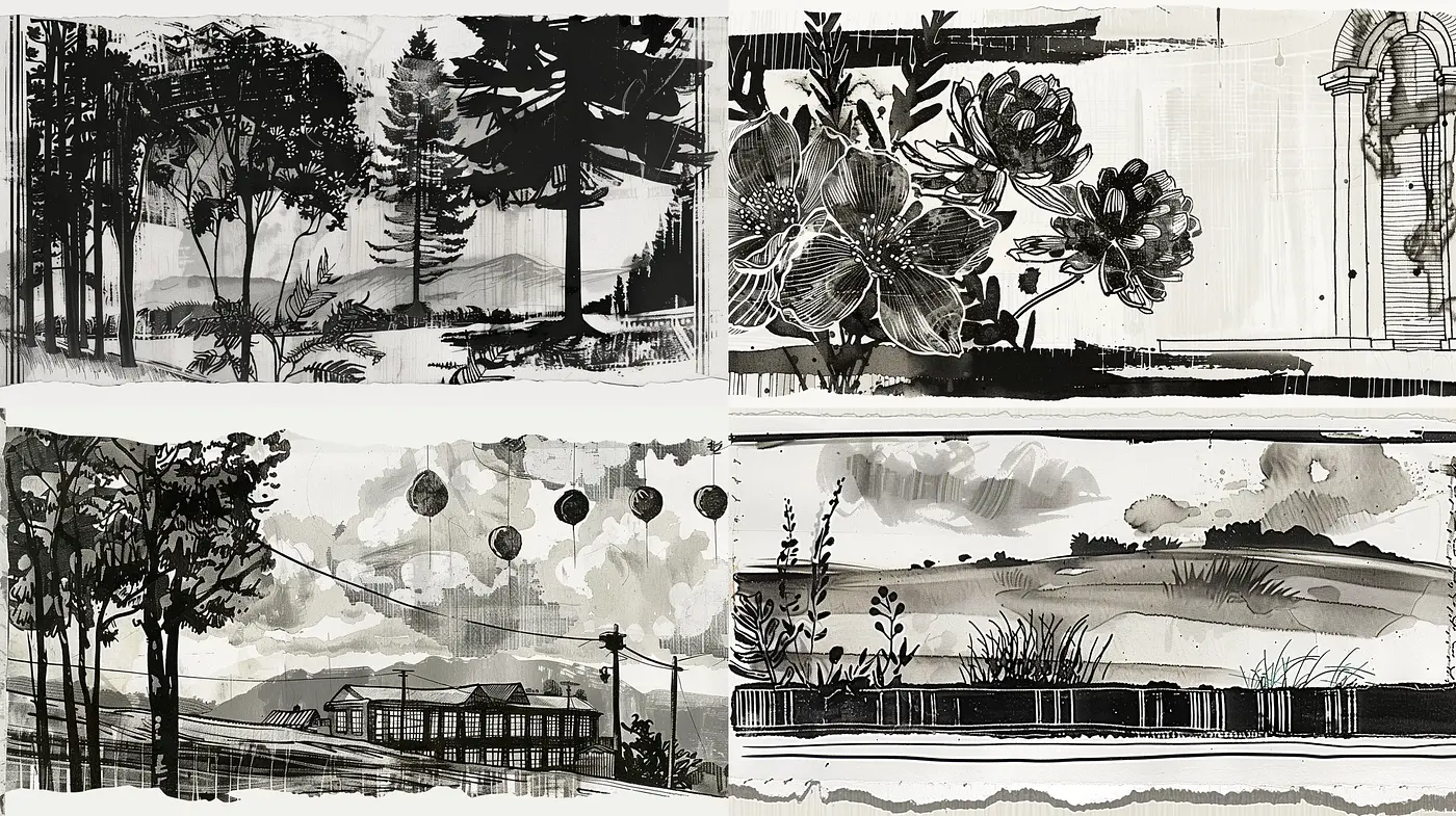 Monochromatic Ink Wash Fusion with a Contemporary Twist - Midjourney sref style