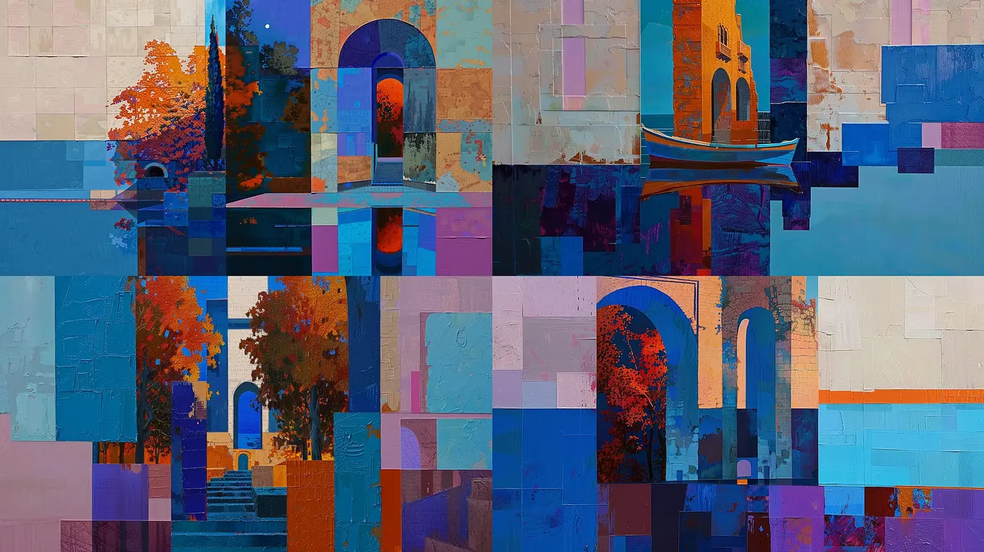Fragmented Harmony: A Mosaic of Serene Blues and Vibrant Oranges - Midjourney sref style