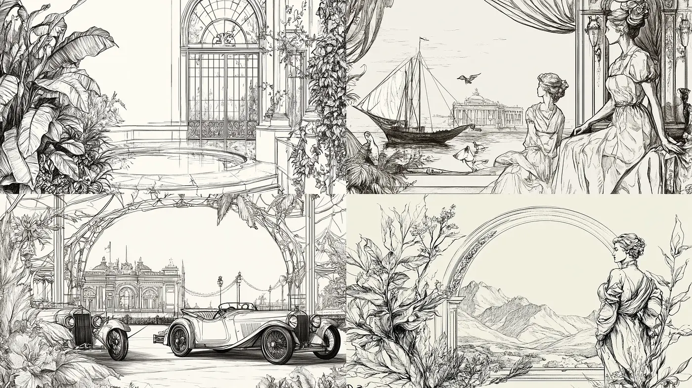 Elegant Line Art Illustration with Sepia Tones and Detailed Environments - Midjourney sref style