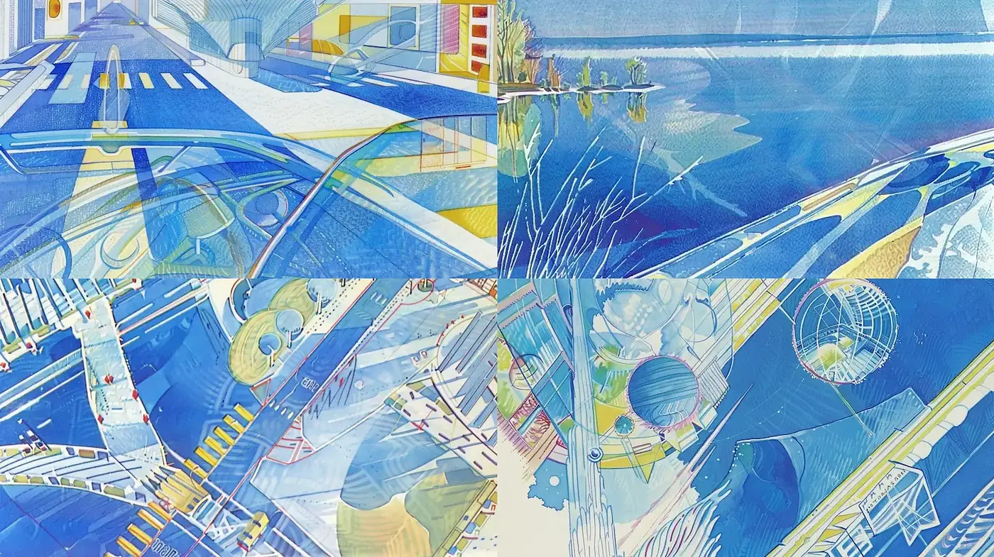 Dynamic and Geometric Interpretation of Modern Landscapes - Midjourney sref style