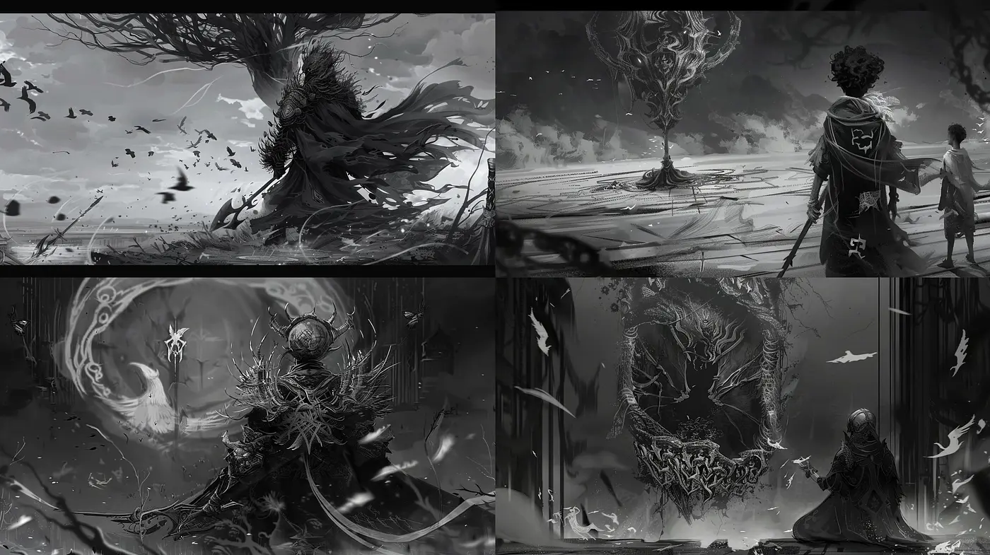 Monochromatic Elegy: Shadows of Emotion and Time - Midjourney sref style