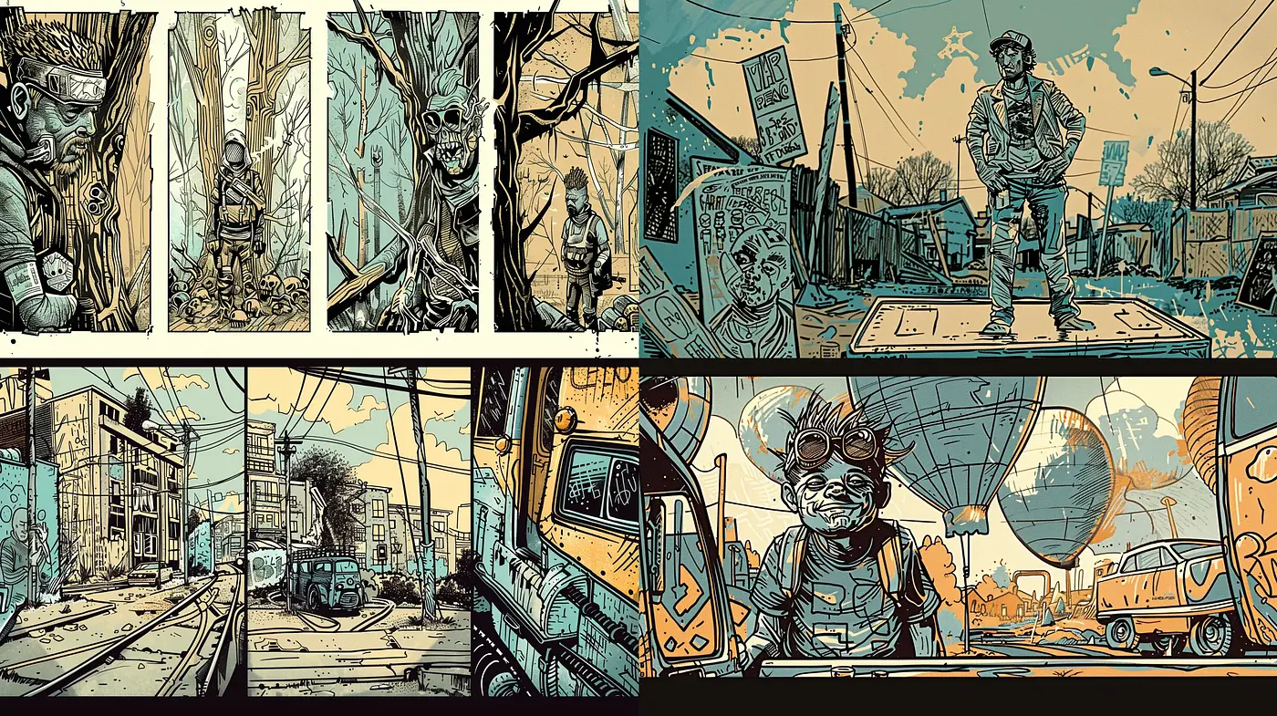 Post-Apocalyptic Retro Comic Book Ensemble - Midjourney sref style