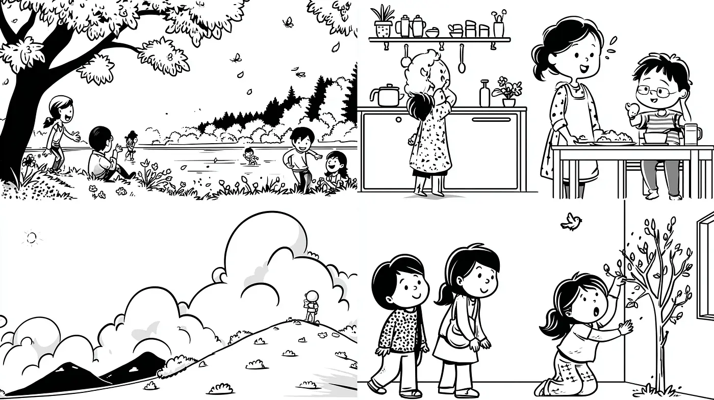 Whimsical and playful black and white illustrations with a nostalgic touch - Midjourney sref style