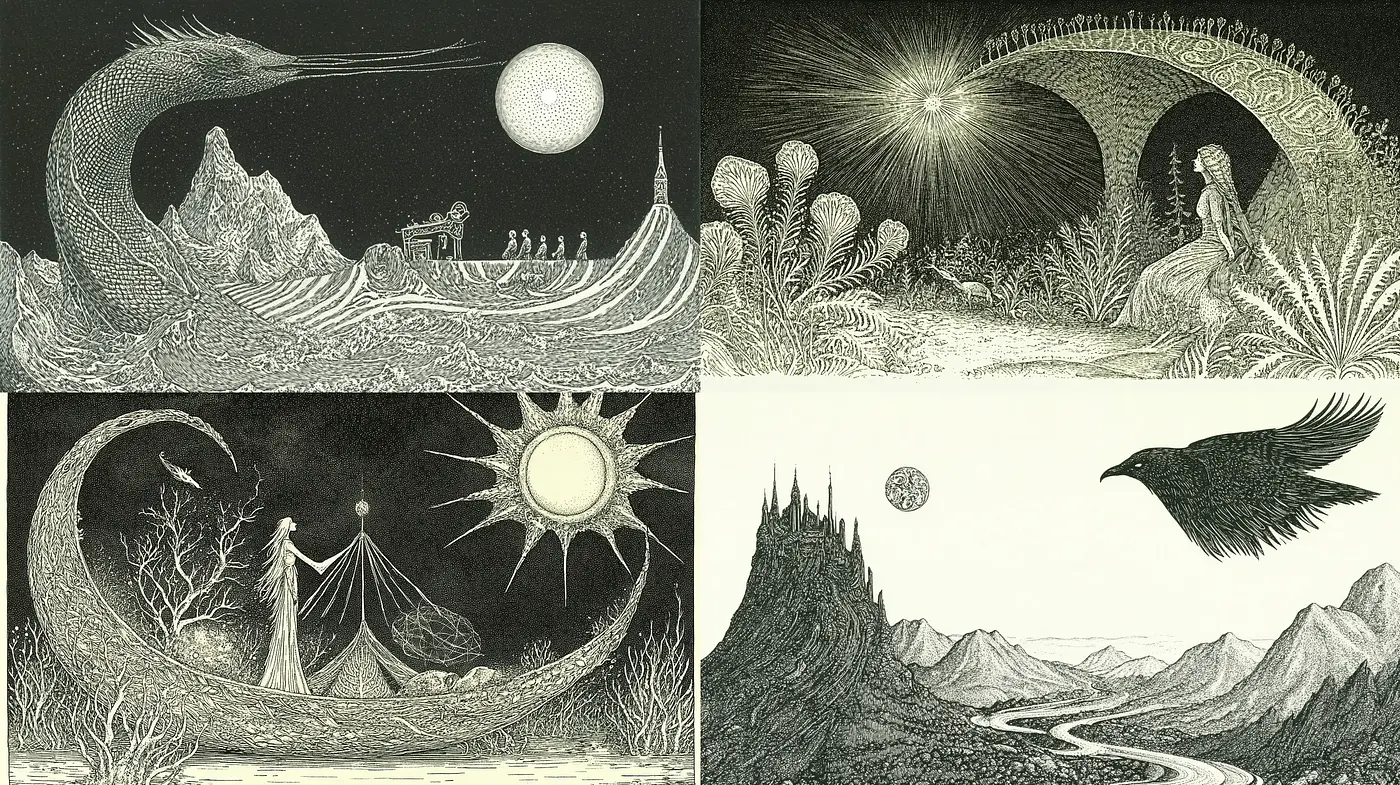 Monochromatic Dreamscape Etchings - Midjourney sref style