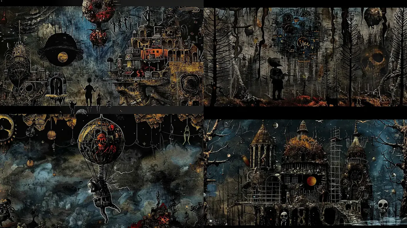 Darkly Enigmatic with Surreal Elements and Detailed Illustrations - Midjourney sref style