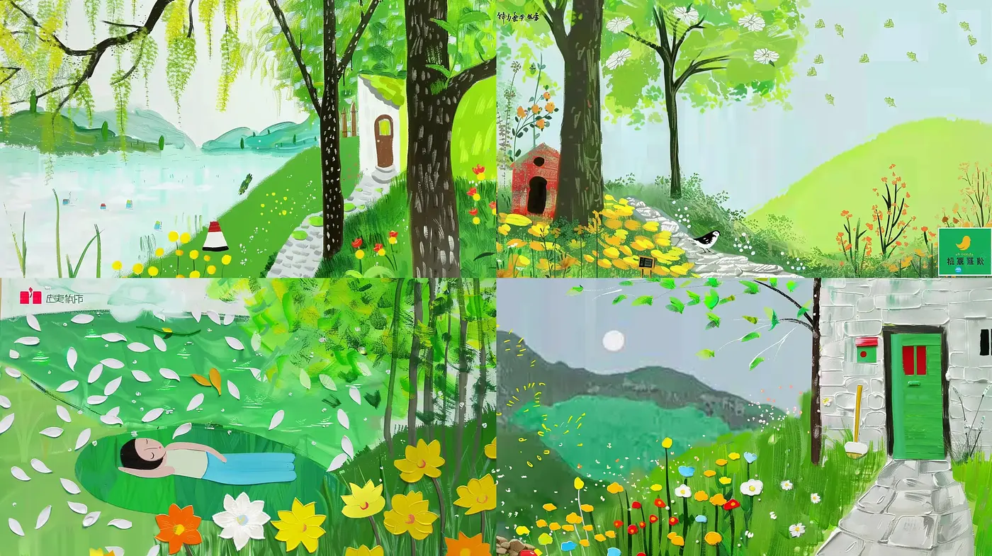 Vibrant Serenity in Stylized Pastoral Scenes - Midjourney sref style