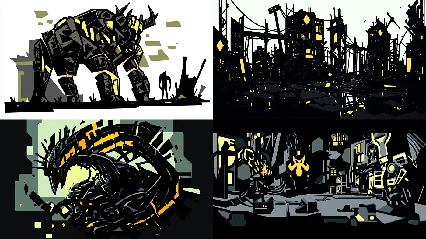 Stark Industrial Symphony in Monochrome and Yellow - Midjourney sref style