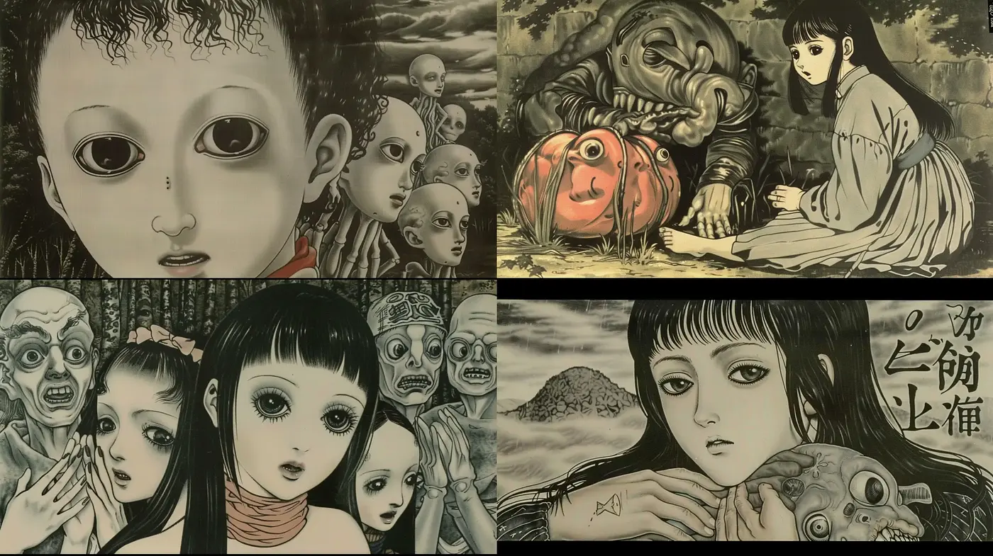 Surreal Shadows and Haunting Gazes: A Consistent Vision in Monochromatic Elegance - Midjourney sref style