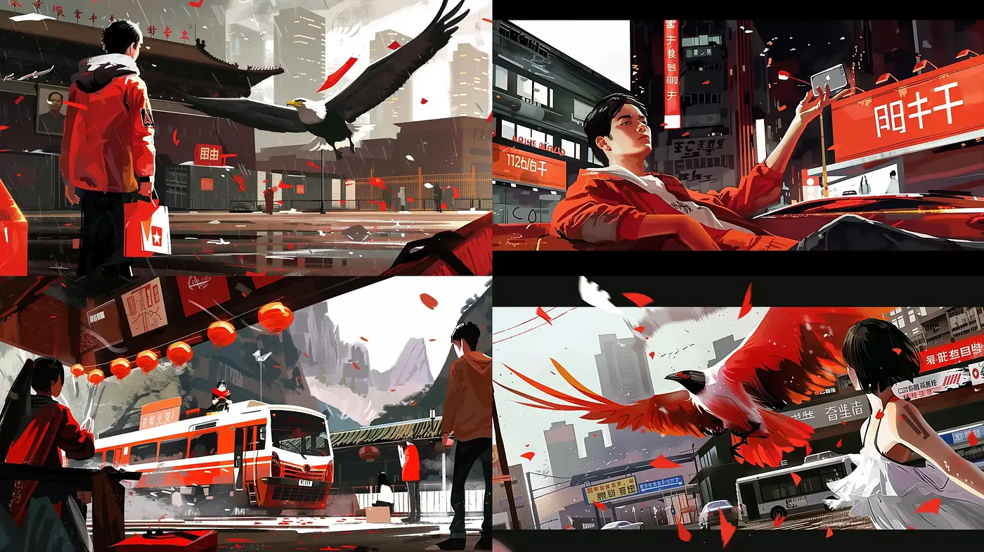 Crimson Brushstrokes Amidst Monochromatic Cityscapes - Midjourney sref style