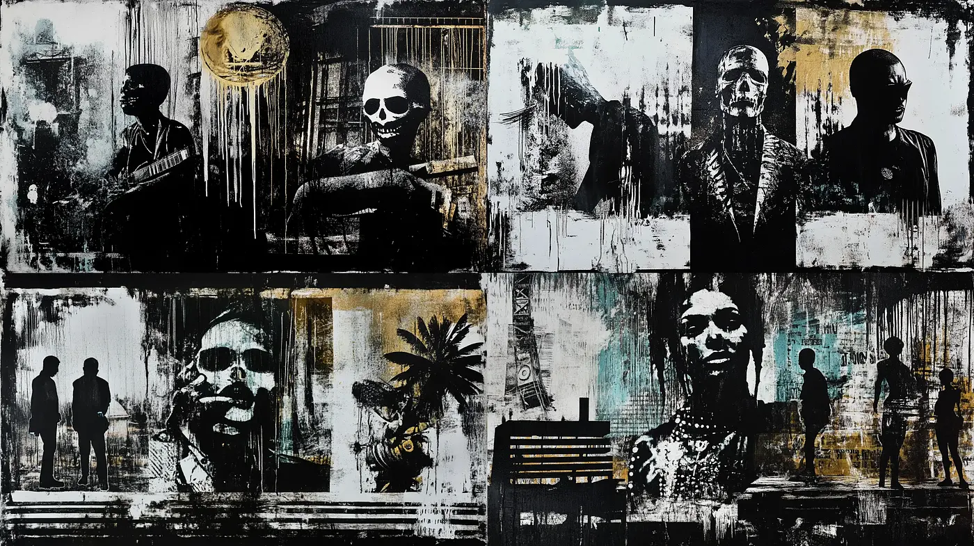Monochromatic Grunge Fusion with Urban and Expressionist Undertones - Midjourney sref style