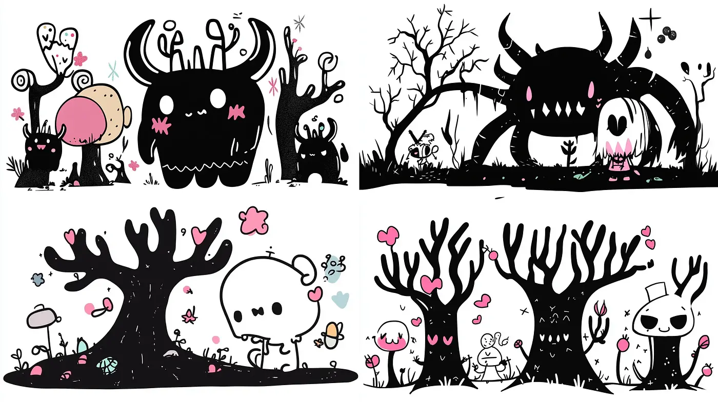 Whimsical Monochrome Fantasia with Pops of Pastel - Midjourney sref style