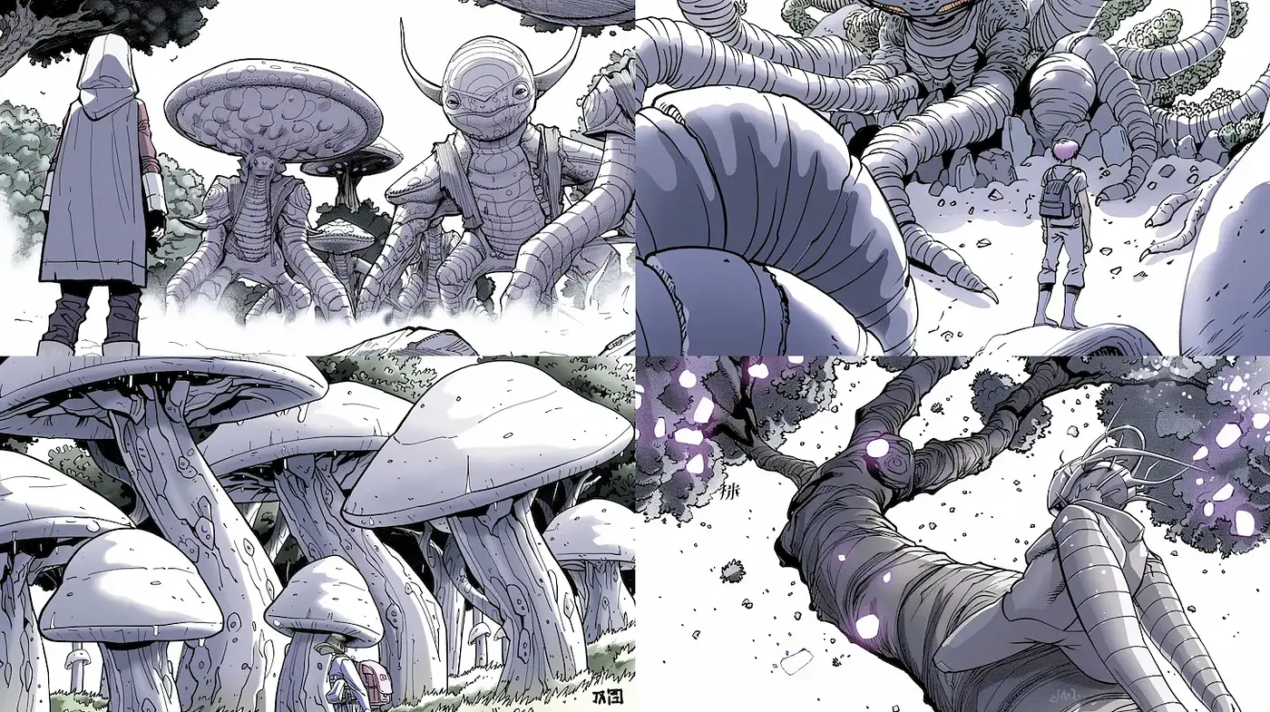 Futuristic Organic Landscape with Alien Lifeforms and Mushroom Trees - Midjourney sref style