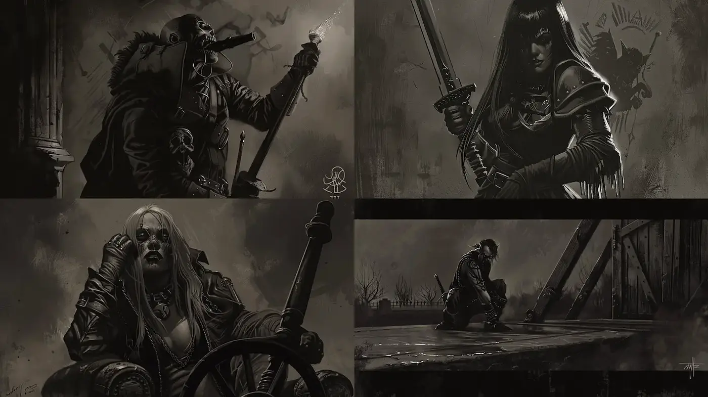 Dark, atmospheric illustrations with a gritty, heroic fantasy aesthetic - Midjourney sref style
