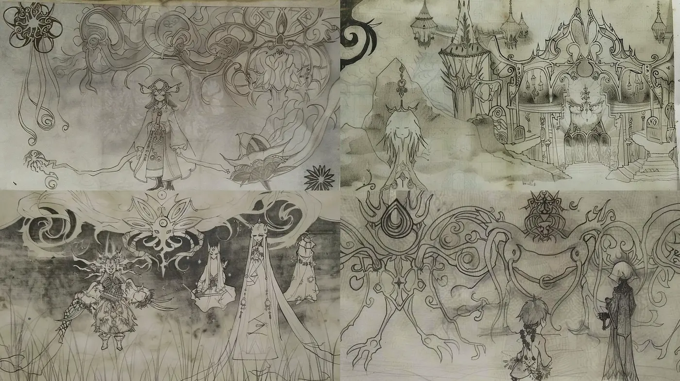 Gothic Fantasy in Monochrome Ink Sketch - Midjourney sref style