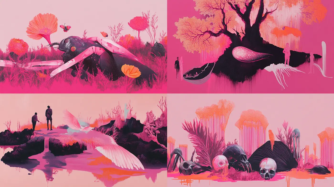 Surreal Magenta Wilderness: A Homogeneous Vision in Pink and Black Tones - Midjourney sref style