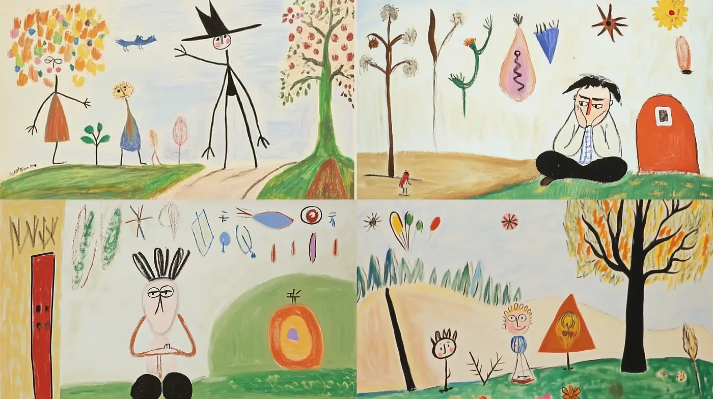 Whimsical Childlike Interpretation of Surreal Landscapes - Midjourney sref style