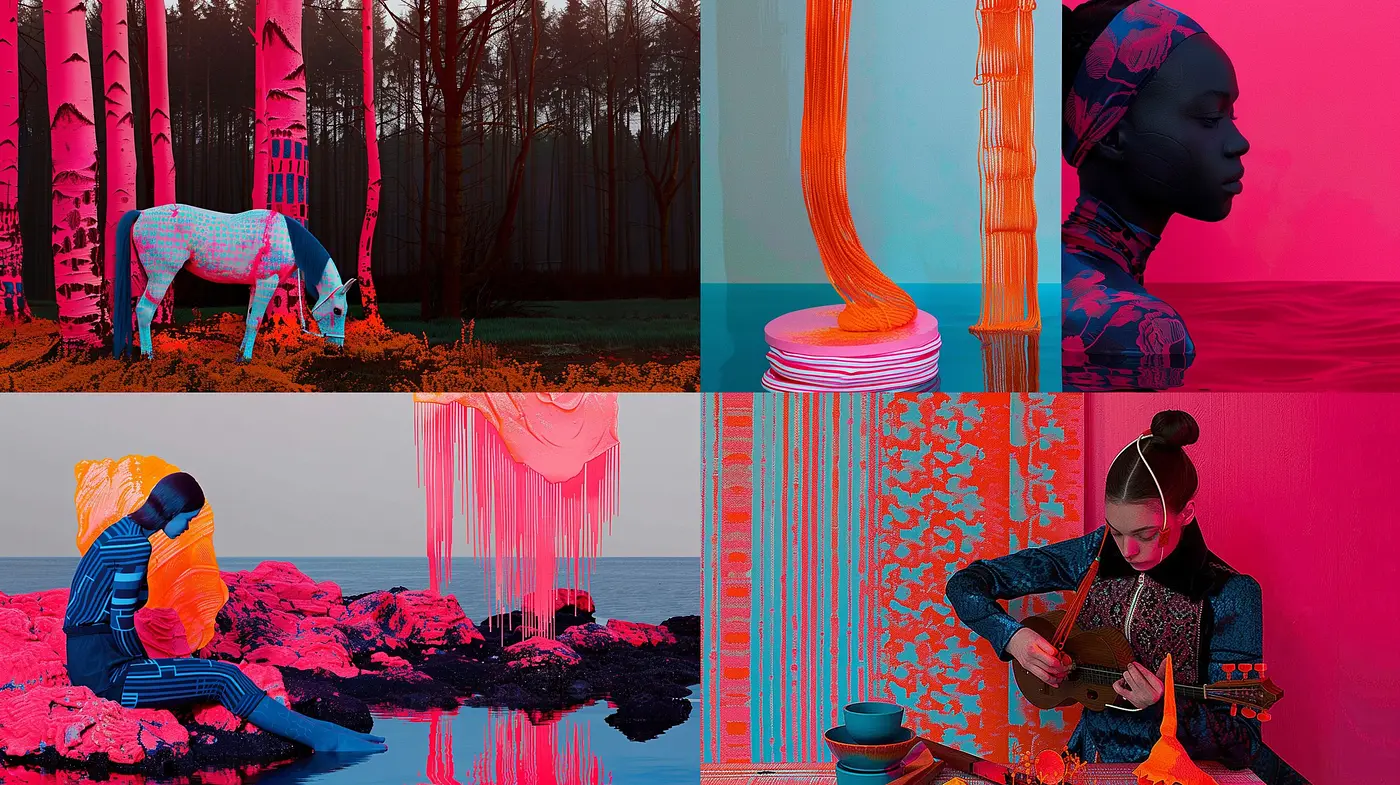 Synthetic Dreamscape: A Fusion of Vibrant Surrealism and Digital Textural Intricacy - Midjourney sref style