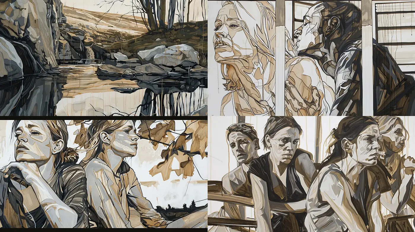 Monochromatic Sepia Narrative Panels - Midjourney sref style