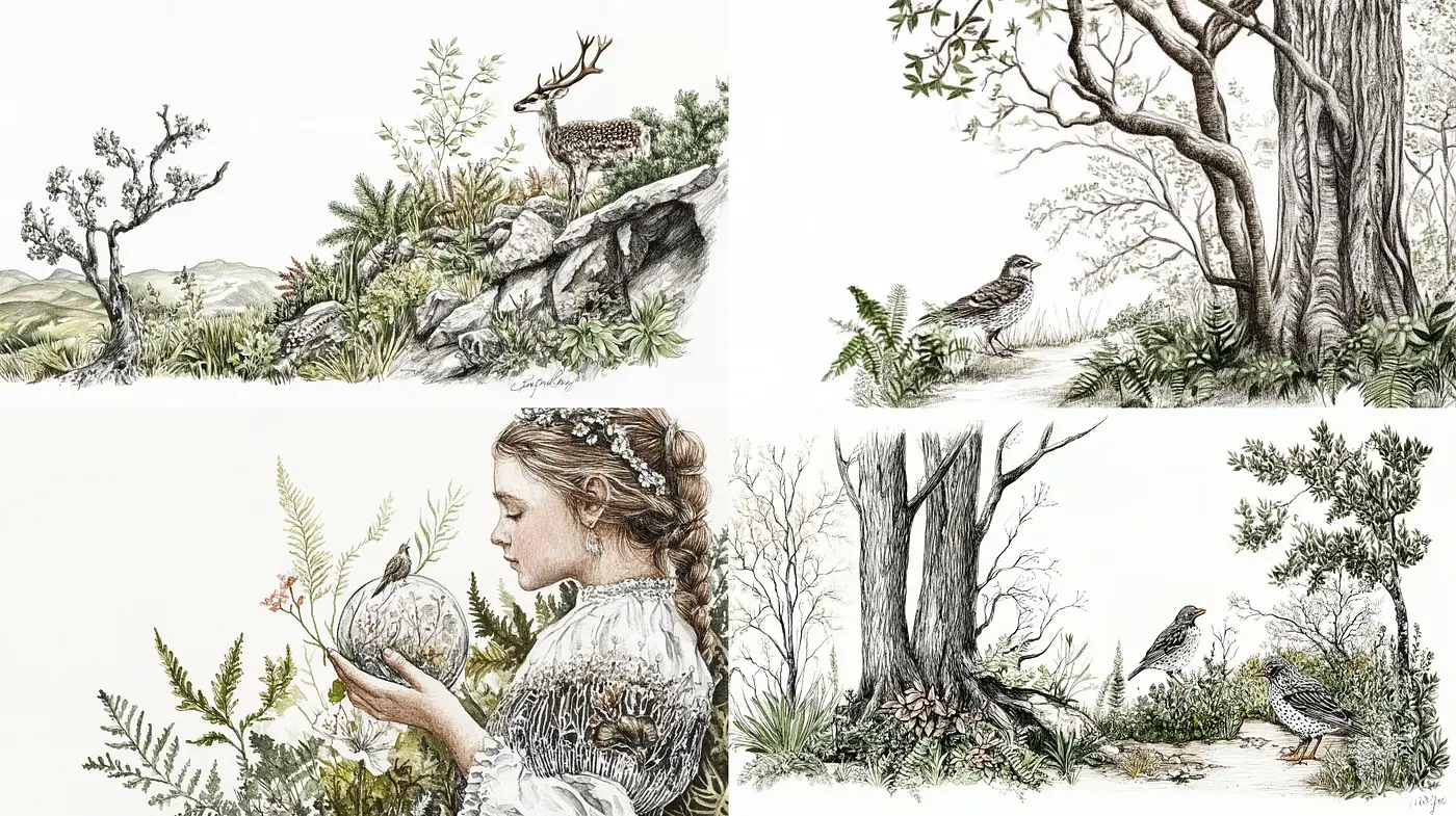 Sylvan Elegance: A Study in Pastoral Ink and Wash Aesthetics - Midjourney sref style