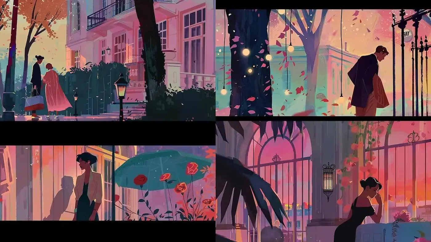 Character-driven urban scenes with whimsical and romantic undertones - Midjourney sref style