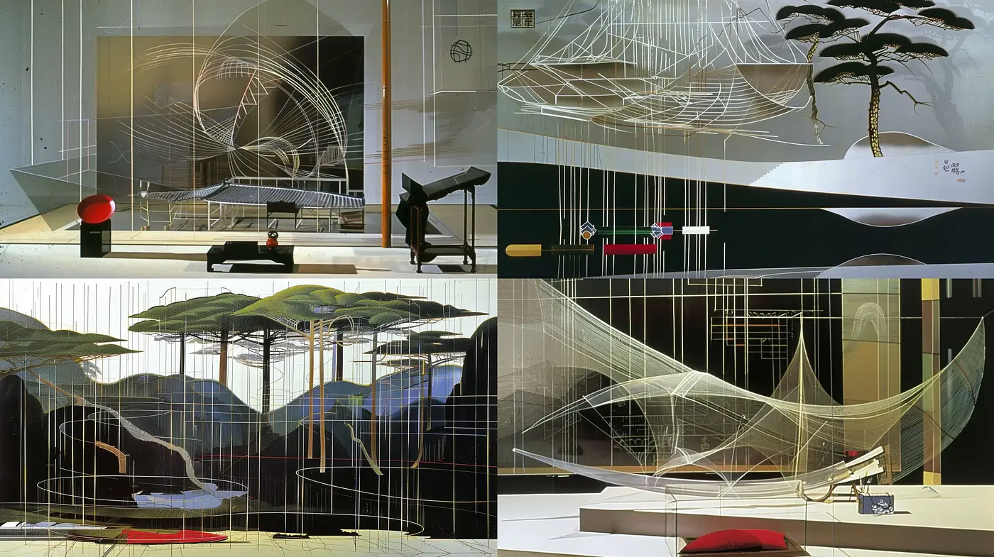 Geometric Architectural Elegance in Monochromatic Green and Charcoal - Midjourney sref style