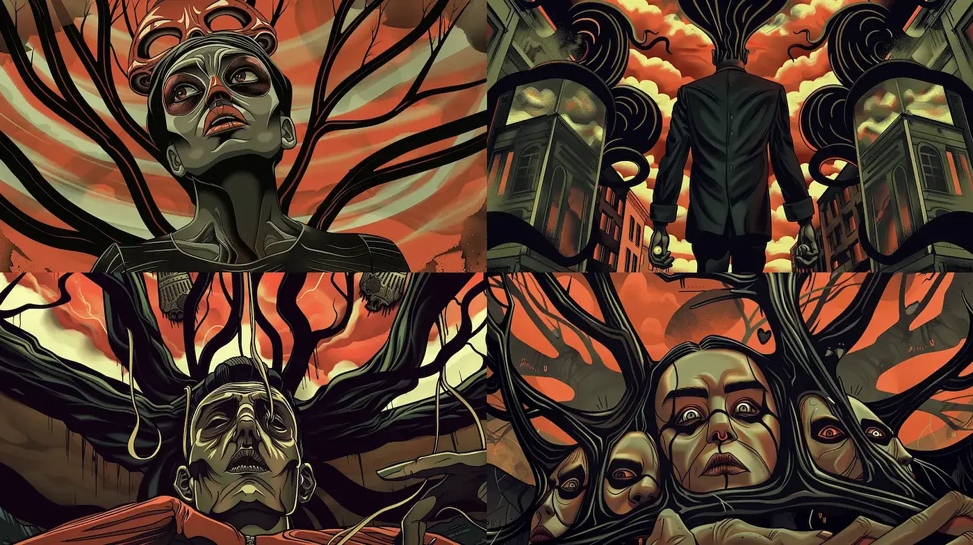 Surrealistic and Darkly Expressive Art with Intricate Textures - Midjourney sref style