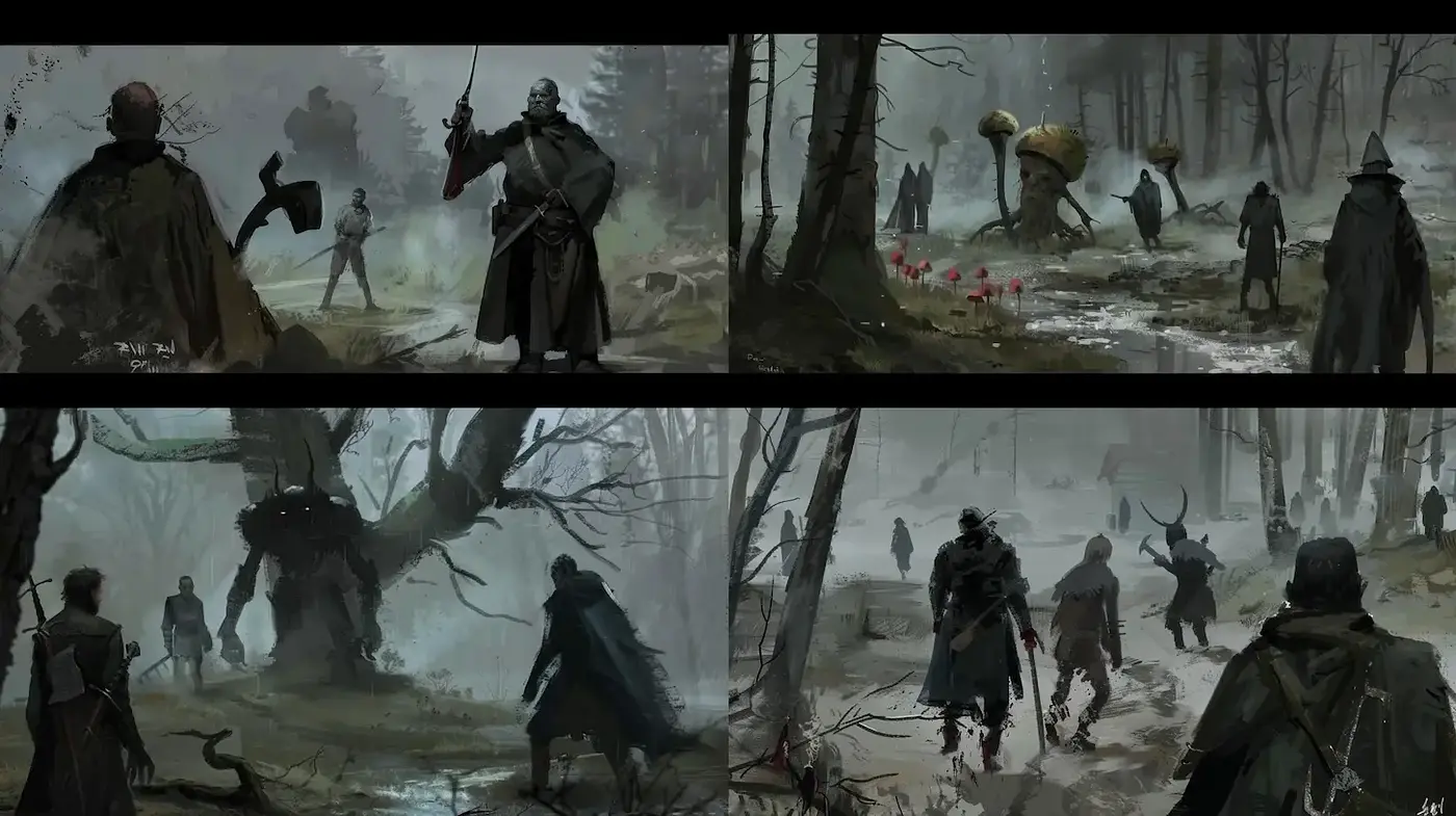 Dark Fantasy Concept Art with Gloomy Atmosphere and Stylized Characters - Midjourney sref style