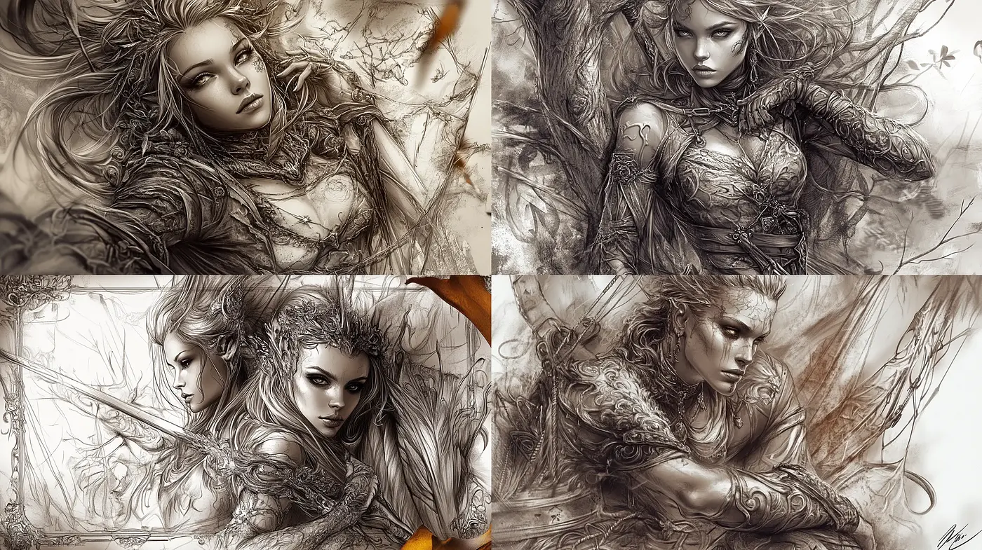 Monochrome Fantasy Sketches: Intricate Lines and Ethereal Forms in Sepia Tones - Midjourney sref style