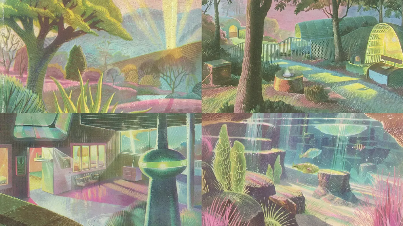 Dreamlike Retrofuturistic Visions with Vibrant Textural Nuances - Midjourney sref style