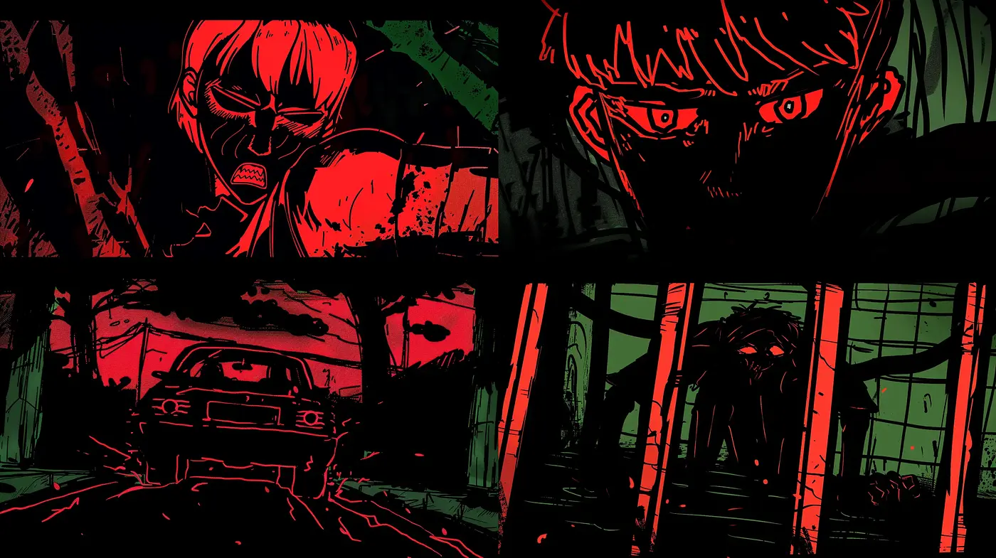 Stark Noir Silhouettes with a Red and Black Dichromatic Scheme - Midjourney sref style