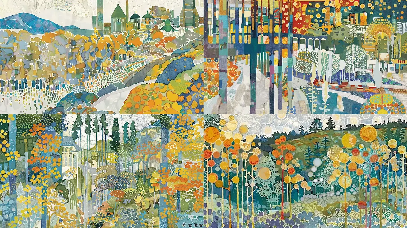Vibrant and Harmonious Landscape Art Inspired by Nature and Decorative Patterns - Midjourney sref style