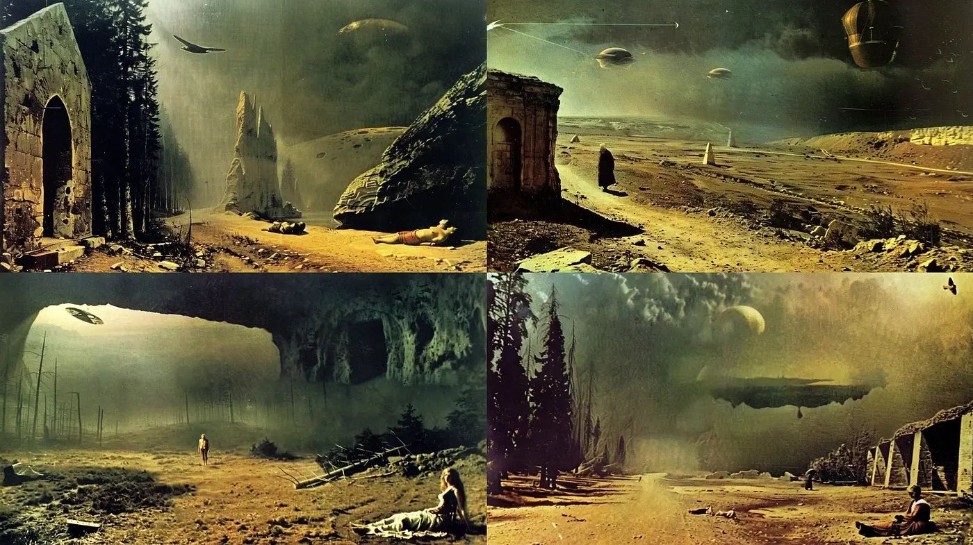 Ethereal Dreamscapes with Surrealist Influences and Rich Sepia Tones - Midjourney sref style