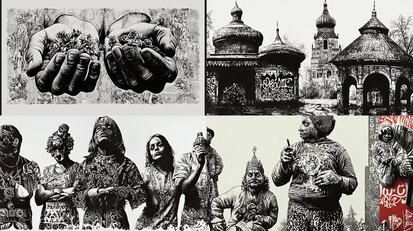 Intricate Monochromatic Tapestry of Cultural Imagery - Midjourney sref style