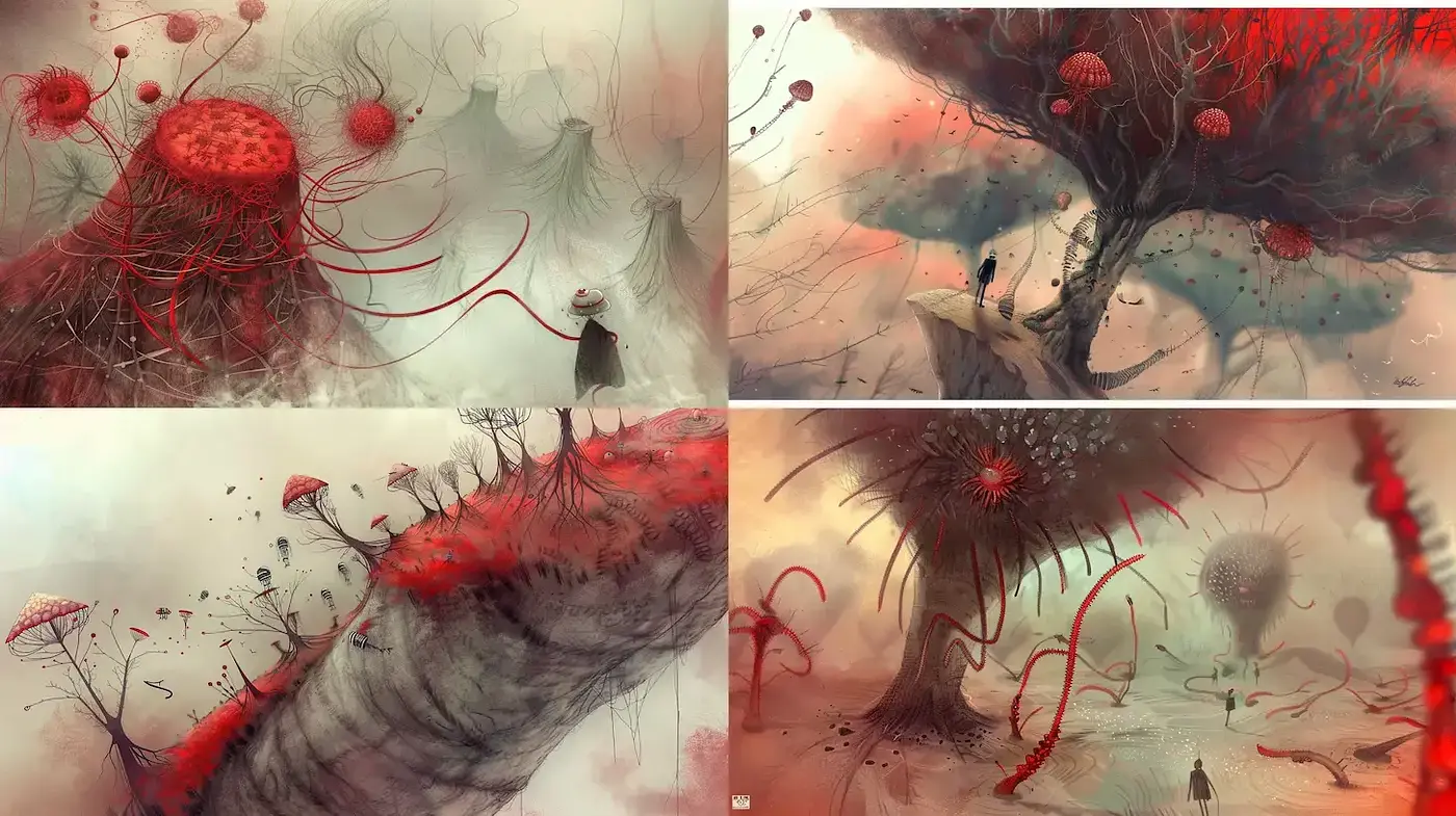 Surreal Landscapes with Organic Forms and Ethereal Atmosphere - Midjourney sref style
