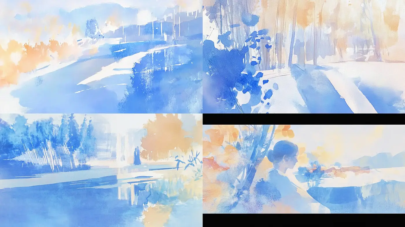 Serene Watercolor Vistas with a Soft Chromatic Harmony - Midjourney sref style